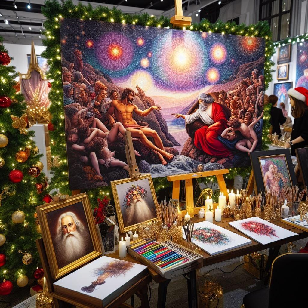 Weihnachttliche Gemälde, ausgestellt, KI-generiert